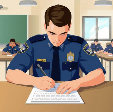 Ein Polizist schreibt eine Prüfung