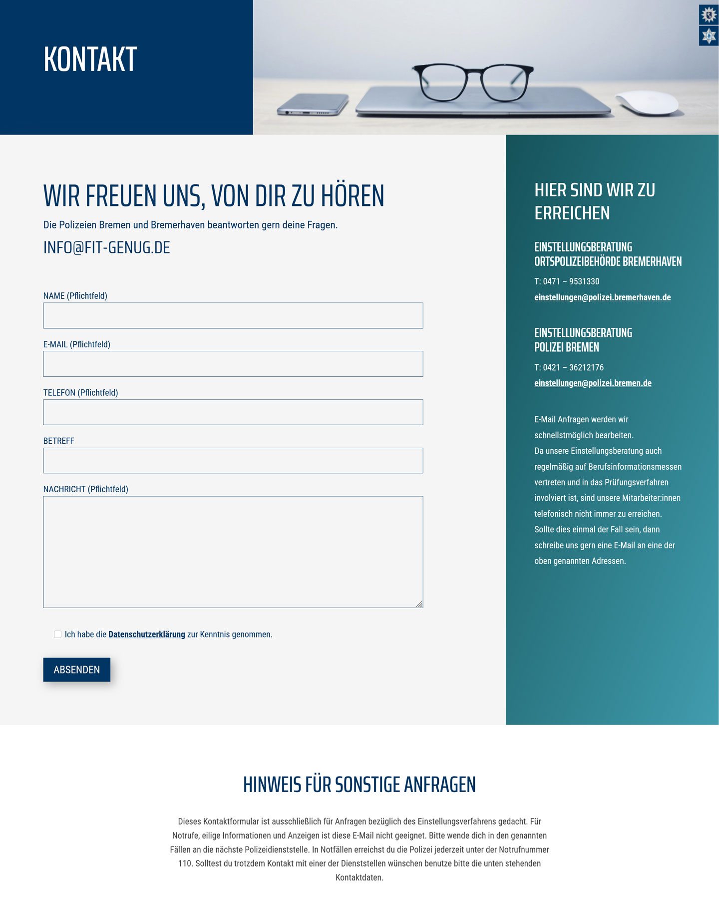 Screenshot Seite Kontakt